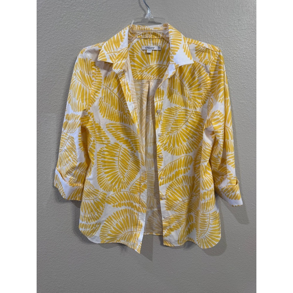 Chico's Women's Button Down‎ 3/4 Sleeve Shirt  Yellow White Leaf Print Size 0.5